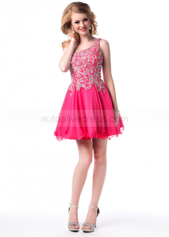 Princess One Shoulder Beaded Chiffon Knee Length Cocktail Dress